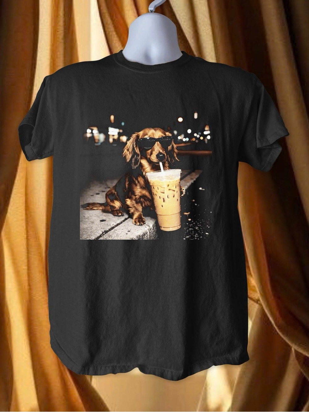 Black Dachshund Graphic Tee with Iced Coffee Print
